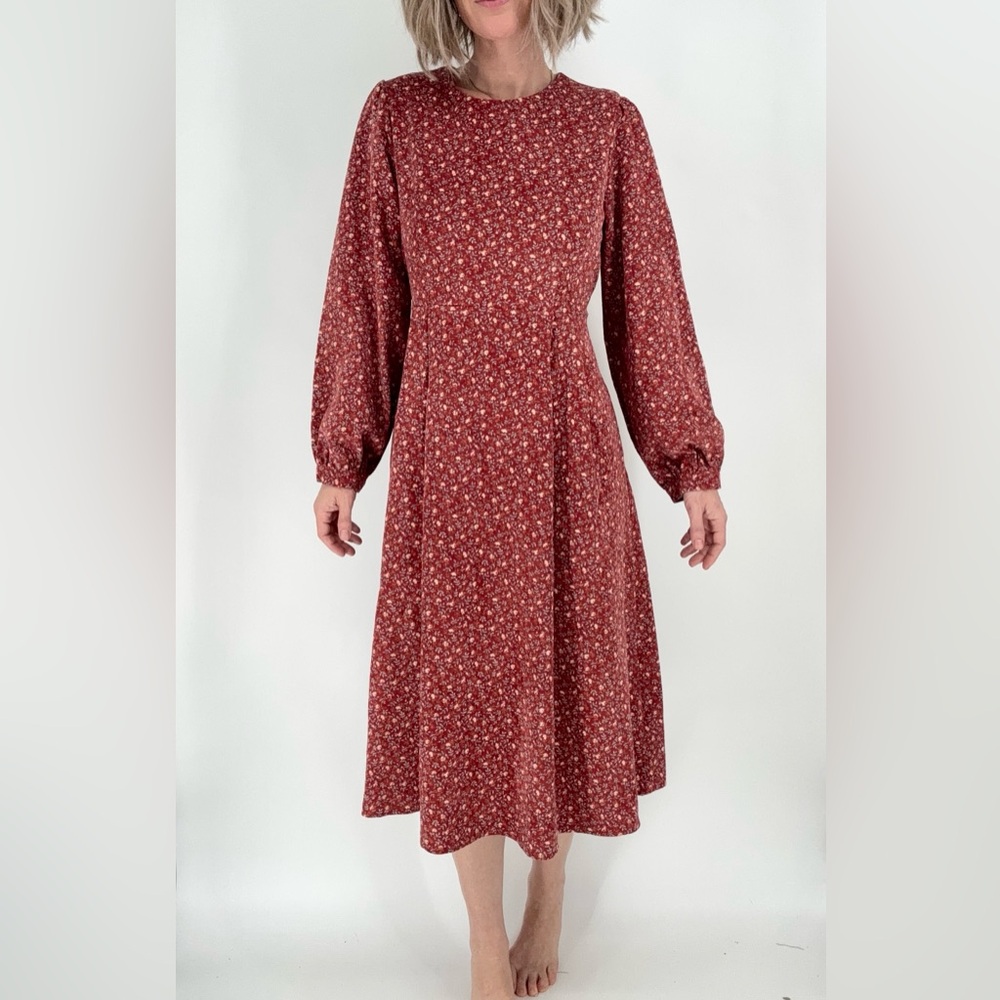 Nieve Corduroy Midi Dress Small Tradwife Ditsy Floral Puff Sleeve Prairie Modest